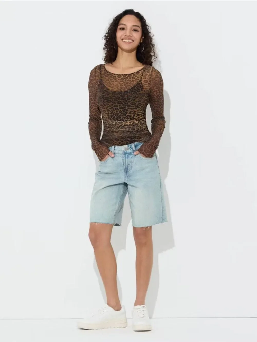 Women's Long Sleeve Boat Neck Mesh Top - Wild Fable Brown Leopard Print S